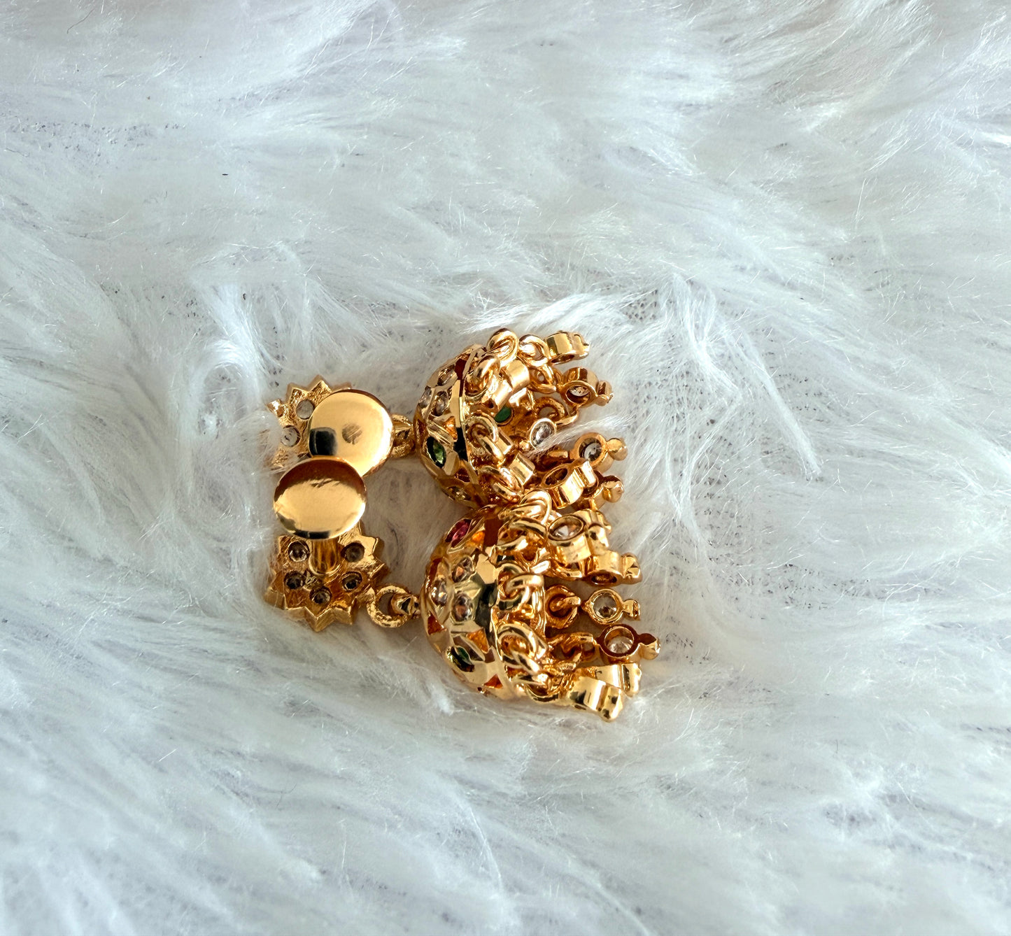 Gold tone AD pink-green-white south Indian flower jhumkka dj-53268