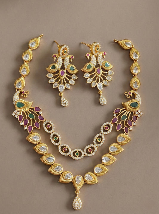 Matt finish cz ruby-green peacock double layer necklace set DJ30886