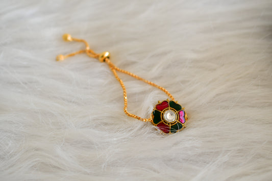 Gold tone pink-green kundan jadau flower bracelet dj-52663