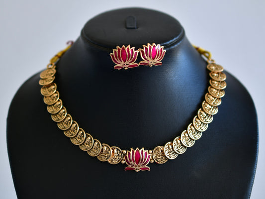 Antique gold tone lakshmi coin pink lotus necklace set dj-52732