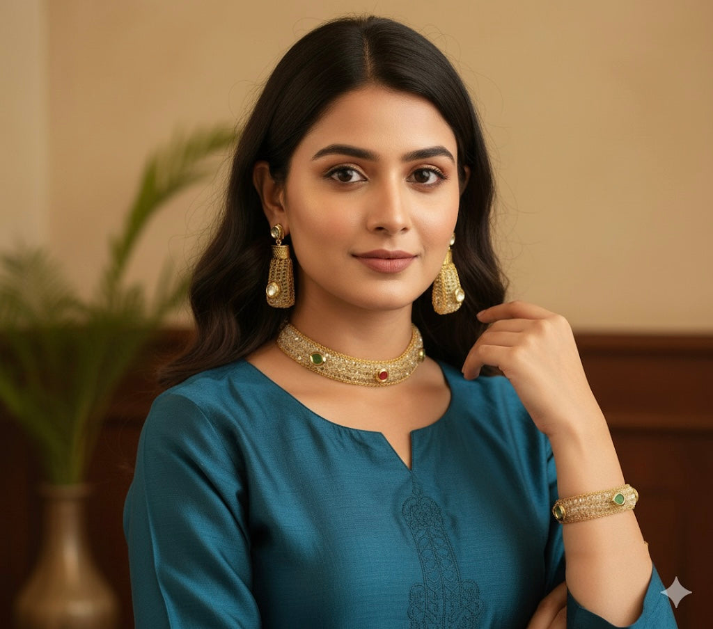 Gold tone Cz Ruby-green stone necklace Set - DJ17036