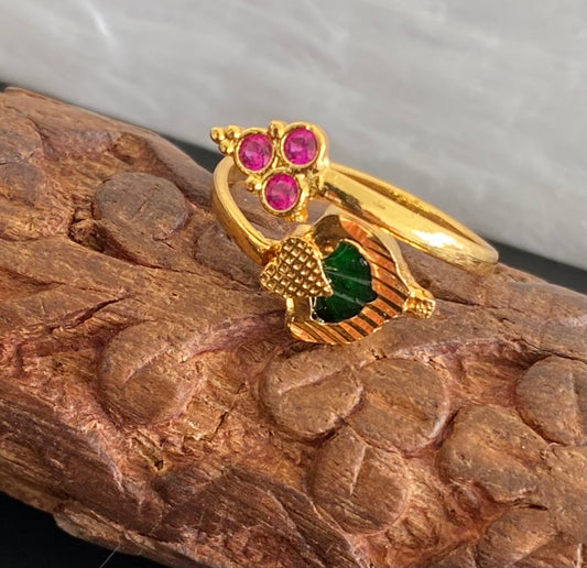 Gold tone pink stone green palakka adjustable finger ring dj-53680