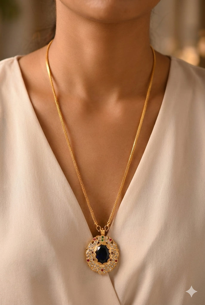 Gold tone 24 chain with navy blue oval stone pendant dj-51911