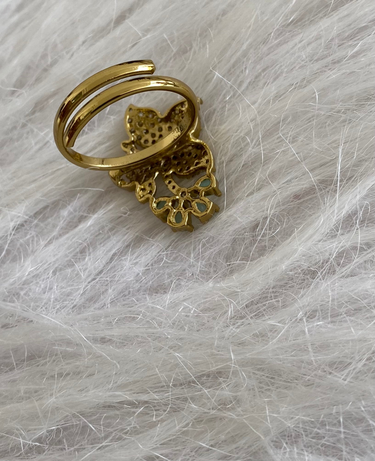 Antique gold tone cz white-sea green stone flower adjustable finger ring dj-55046