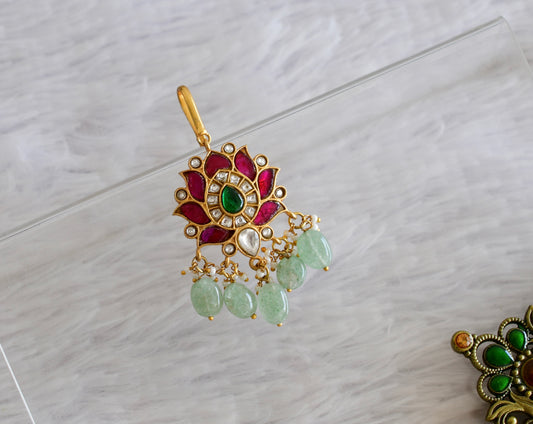Gold tone pink-green kundan jadau green beaded lotus tikka dj-52501