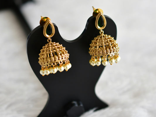 Antique gold tone green thilak stone pearl jhumkka dj-51853