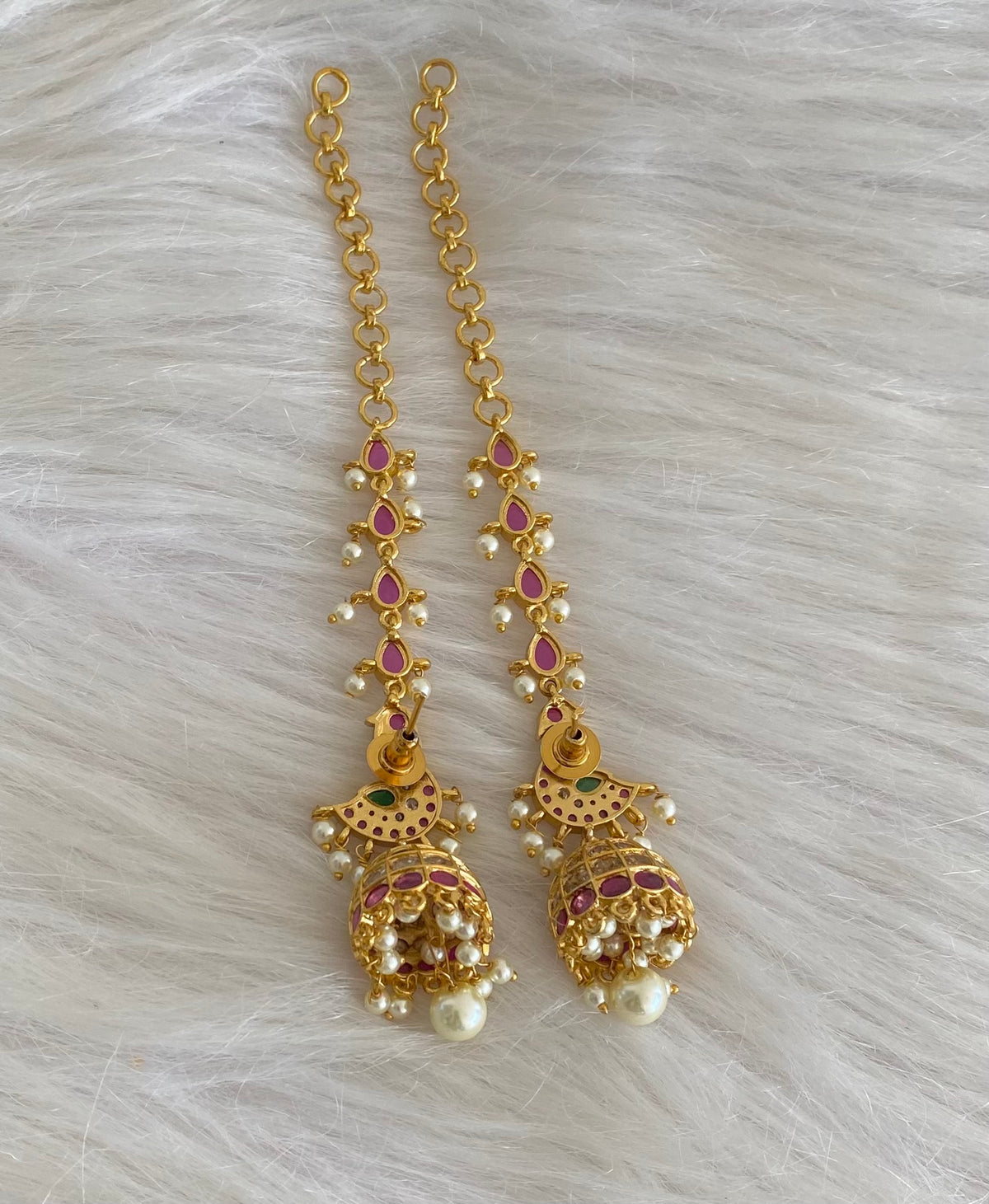 Antique gold tone pearl swan jhumkka with ear side chain dj-55095