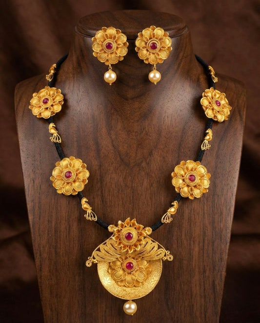 Matte finish Black silk thread ruby necklace set-dj07276
