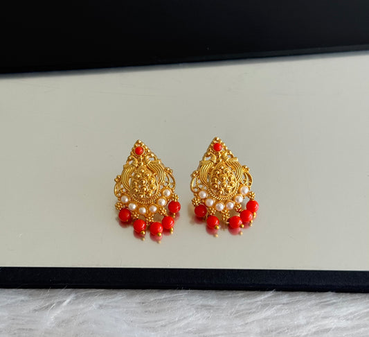 Gold tone coral-pearl beaded stud/earrings dj-51610