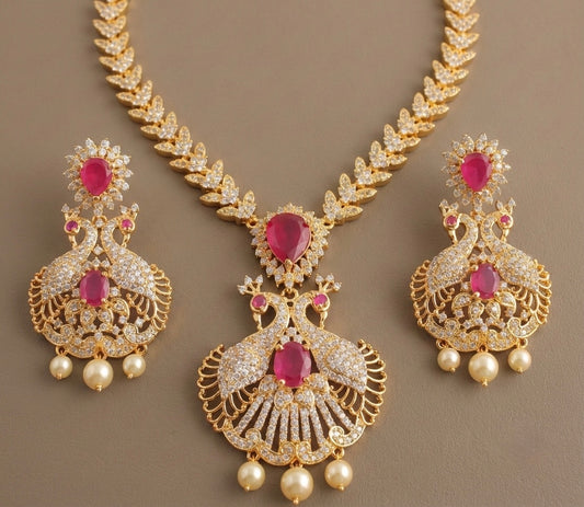 Gold tone cz-ruby peacock necklace set-dj07164