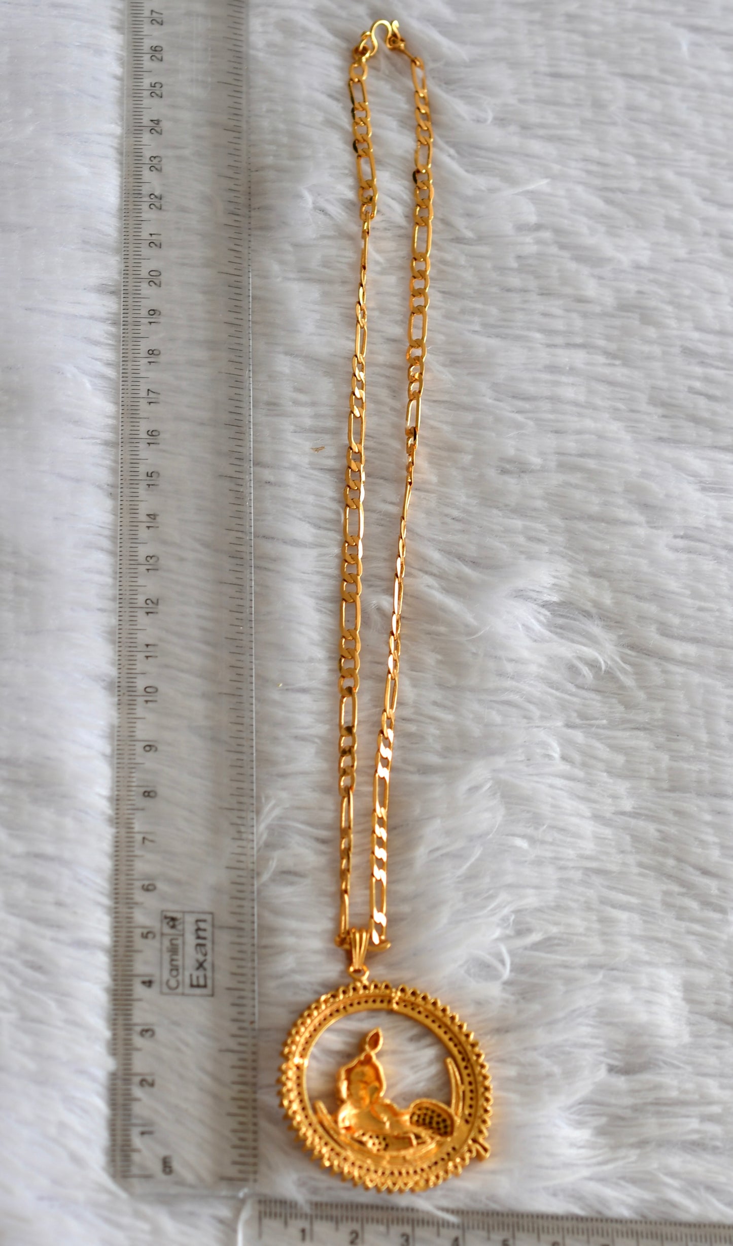 Gold tone 18 inches chain with ruby-green-white krishna round pendant dj-51920