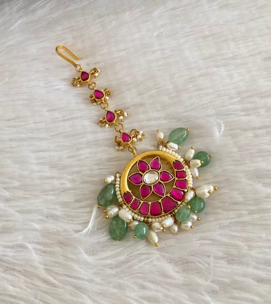 Gold tone kundan jadau pink-white flower tikka dj-53515