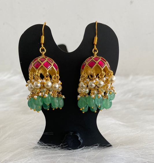 Gold tone pink kundan jadau green beaded pearl jhumkka dj-54256