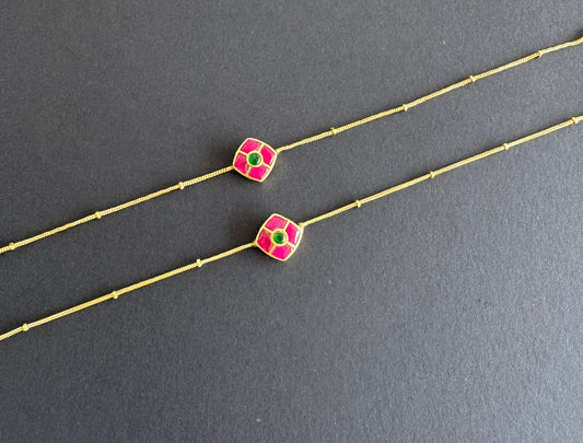 Gold tone pink-green flower kundan jadau anklets dj-51414