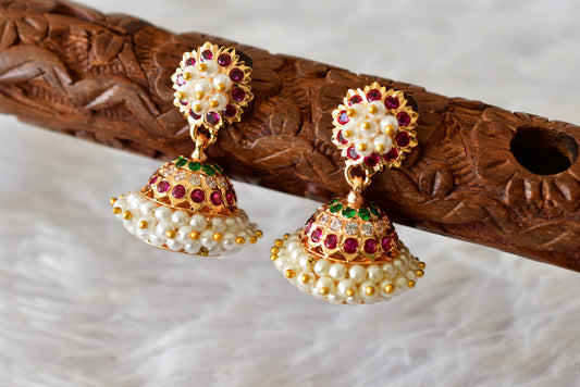 Gold tone South Indian style pink-green-white pearl jhumkka dj-51887