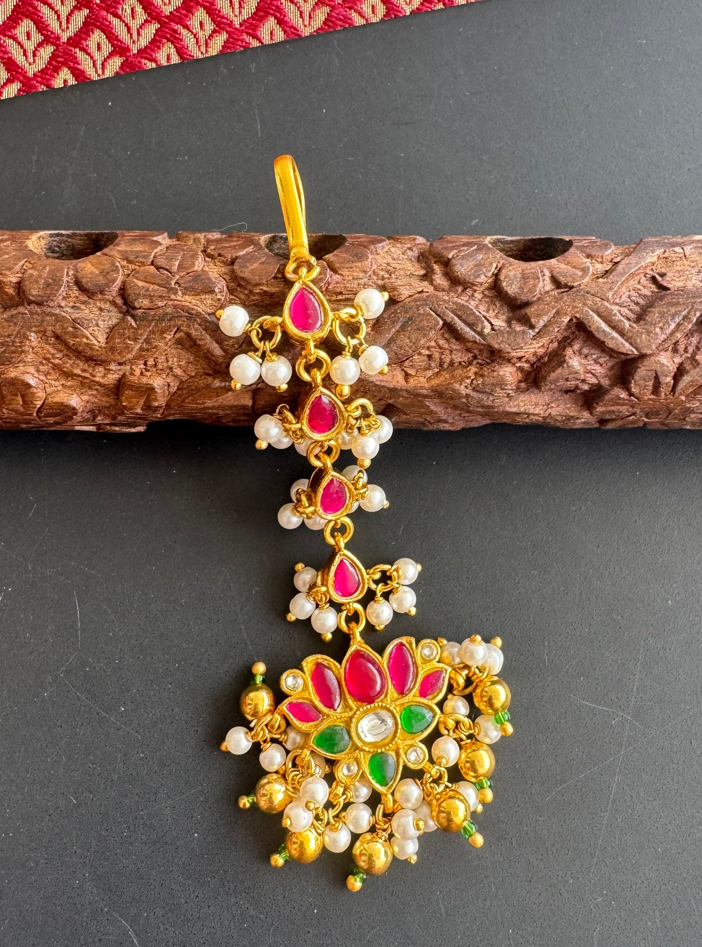 Gold tone pink-green-white Kundan jadau lotus tikka dj-36357