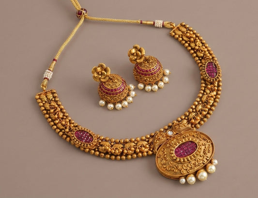 Matte finish ruby-pearl mango necklace set -dj07787
