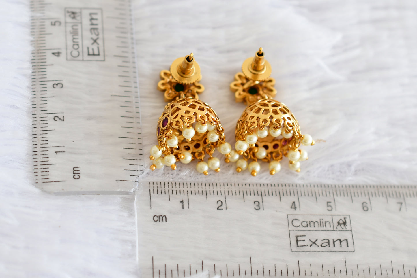 Antique gold tone ruby-green pearl flower jhumkka dj-52160