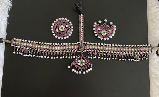 Black finish precious kemp-green-white pearl mango flower tikka dj-53401