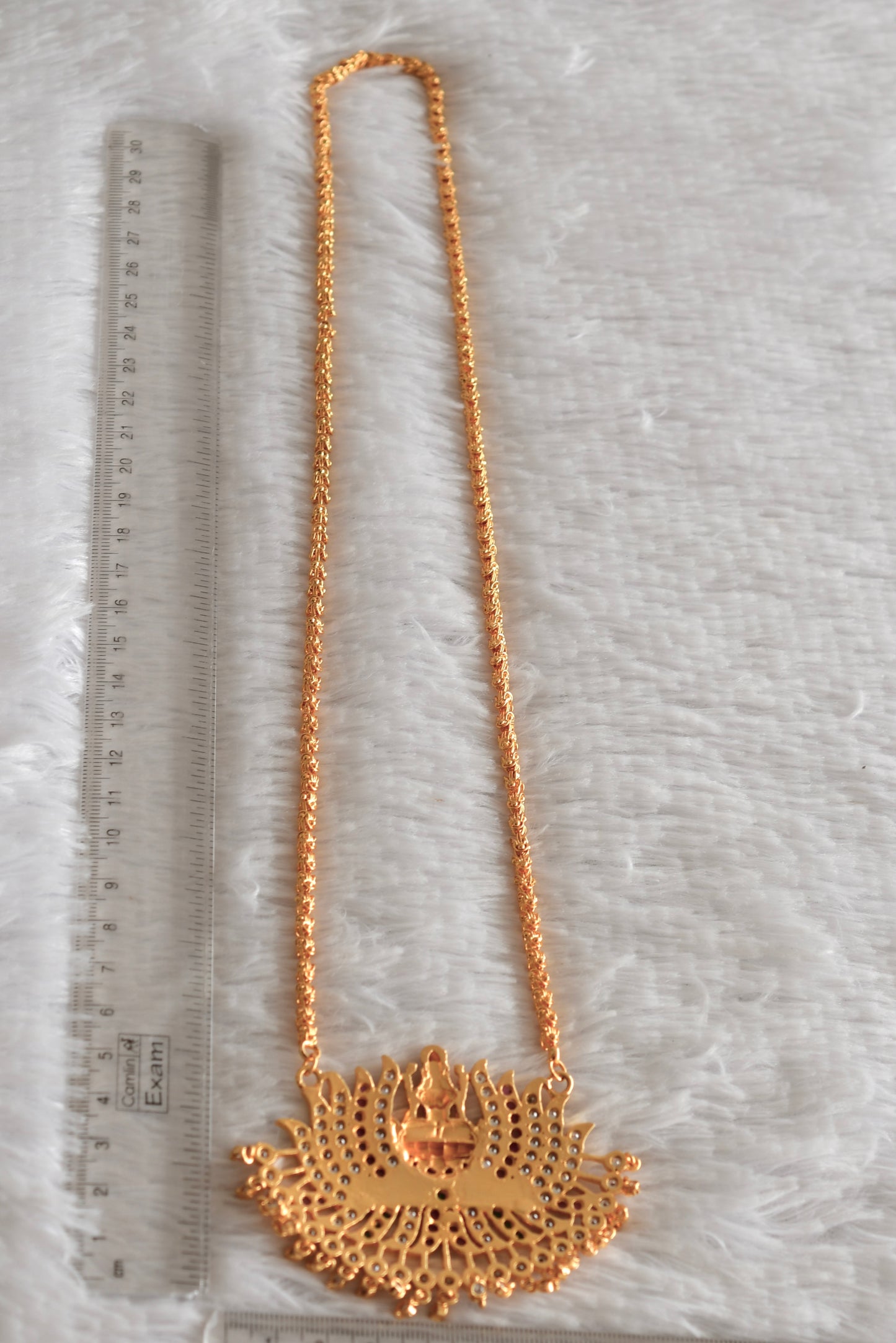 Gold tone ruby-white-green stone Lakshmi Lotus pendant with chain dj-38640