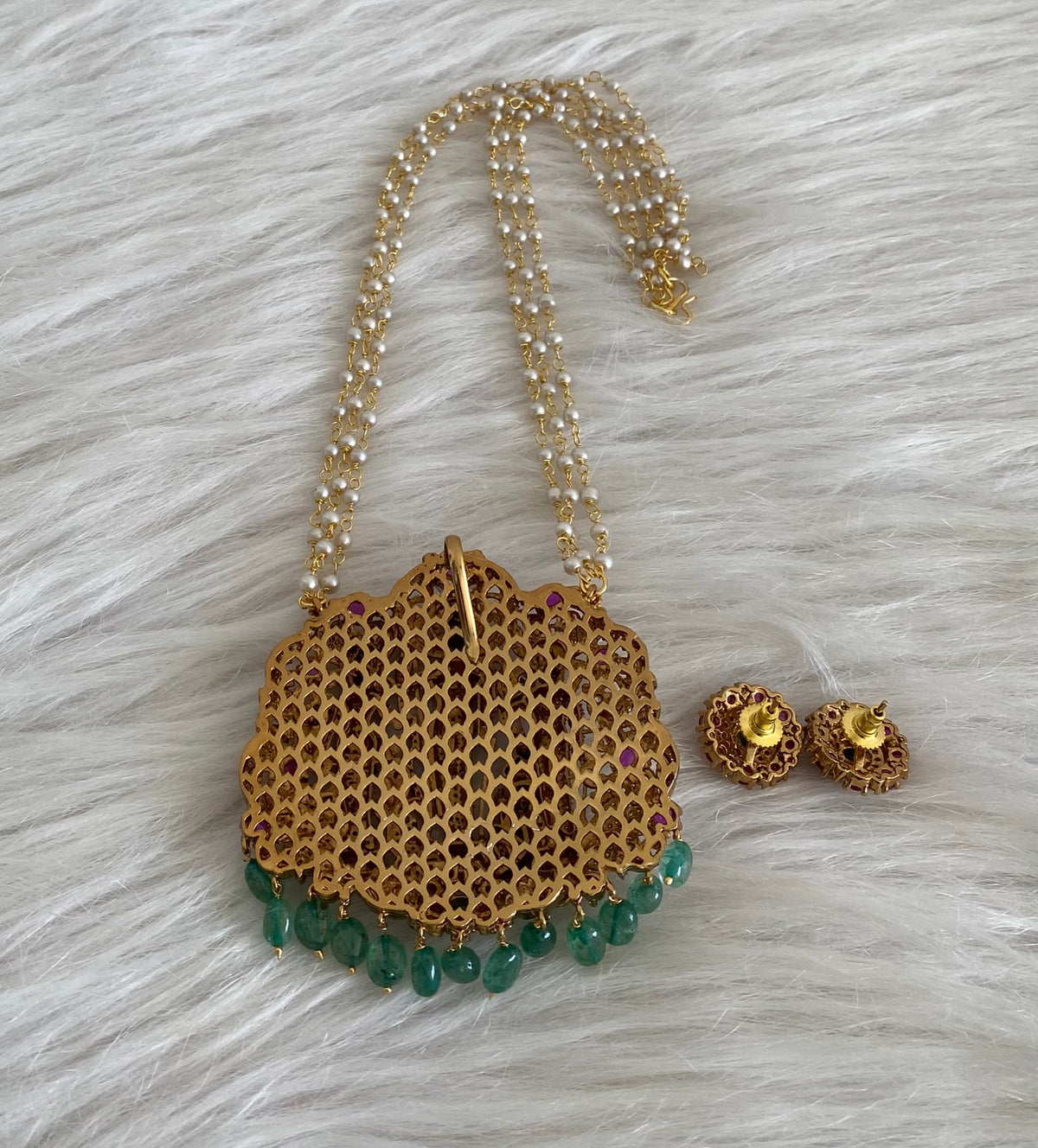 Antique gold tone pearl chain with green beaded ram parivar pendant set dj-55117