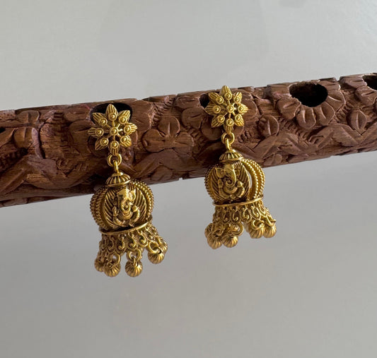 Antique gold tone ganesha flower peacock jhumkka dj-51468