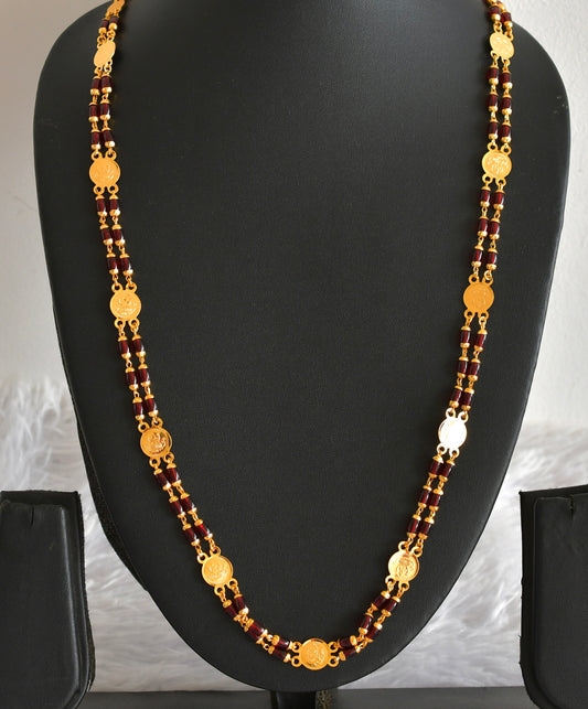 Gold tone 30 inches maroon beaded Lakshmi coin chain dj-51837
