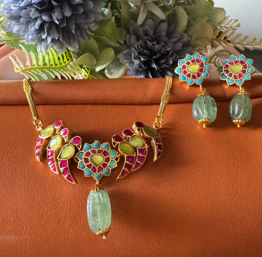 Gold look alike pink-green-blue peacock kundan jadau green beaded choker necklace set dj-50233
