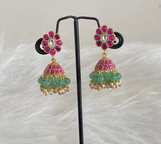 Gold tone pink-white stone kundan jadau green beaded jhumkka dj-54586
