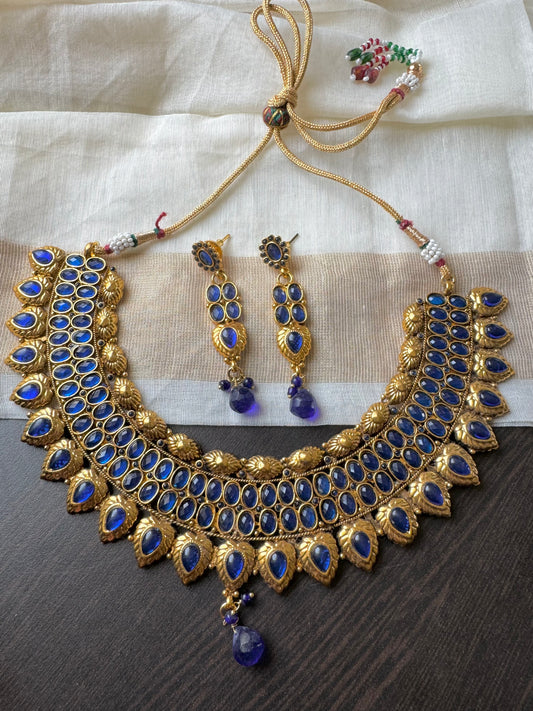 Antique gold tone Royal Blue Necklace Set-dj04162