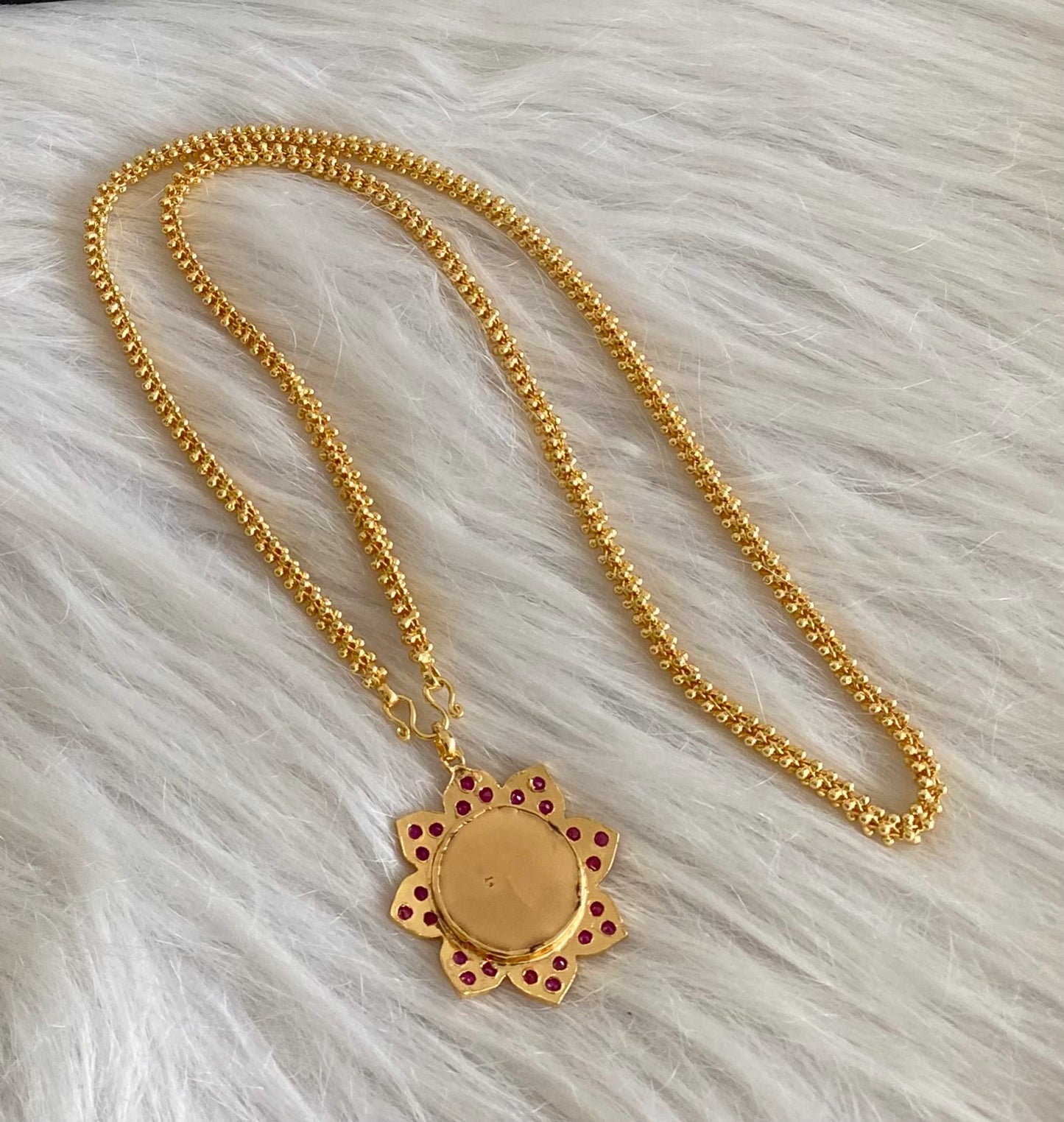 Gold tone 24 inches chain with ad pink-green round flower pendant dj-53833