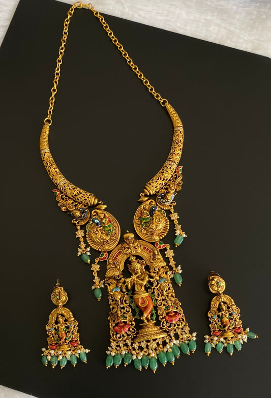 Matte finish green beaded meenakari krishna kante necklace set dj-54096