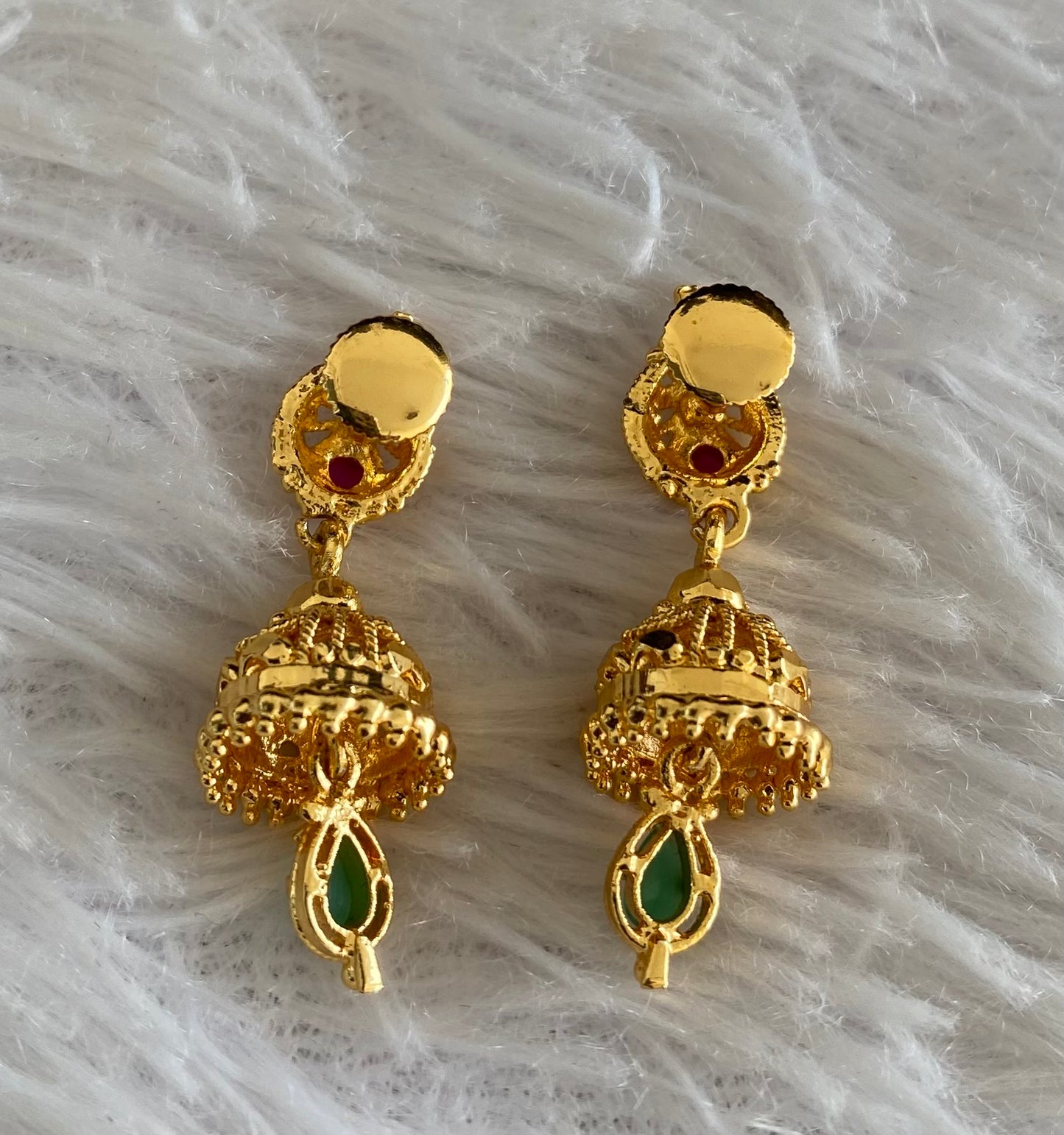 Gold tone pink-green stone screw back jhumkka-dj52891