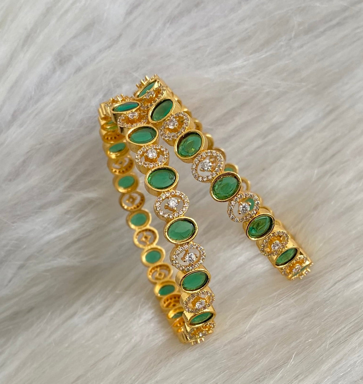 Gold tone cz white green oval stone bangles(2.10) dj-55166