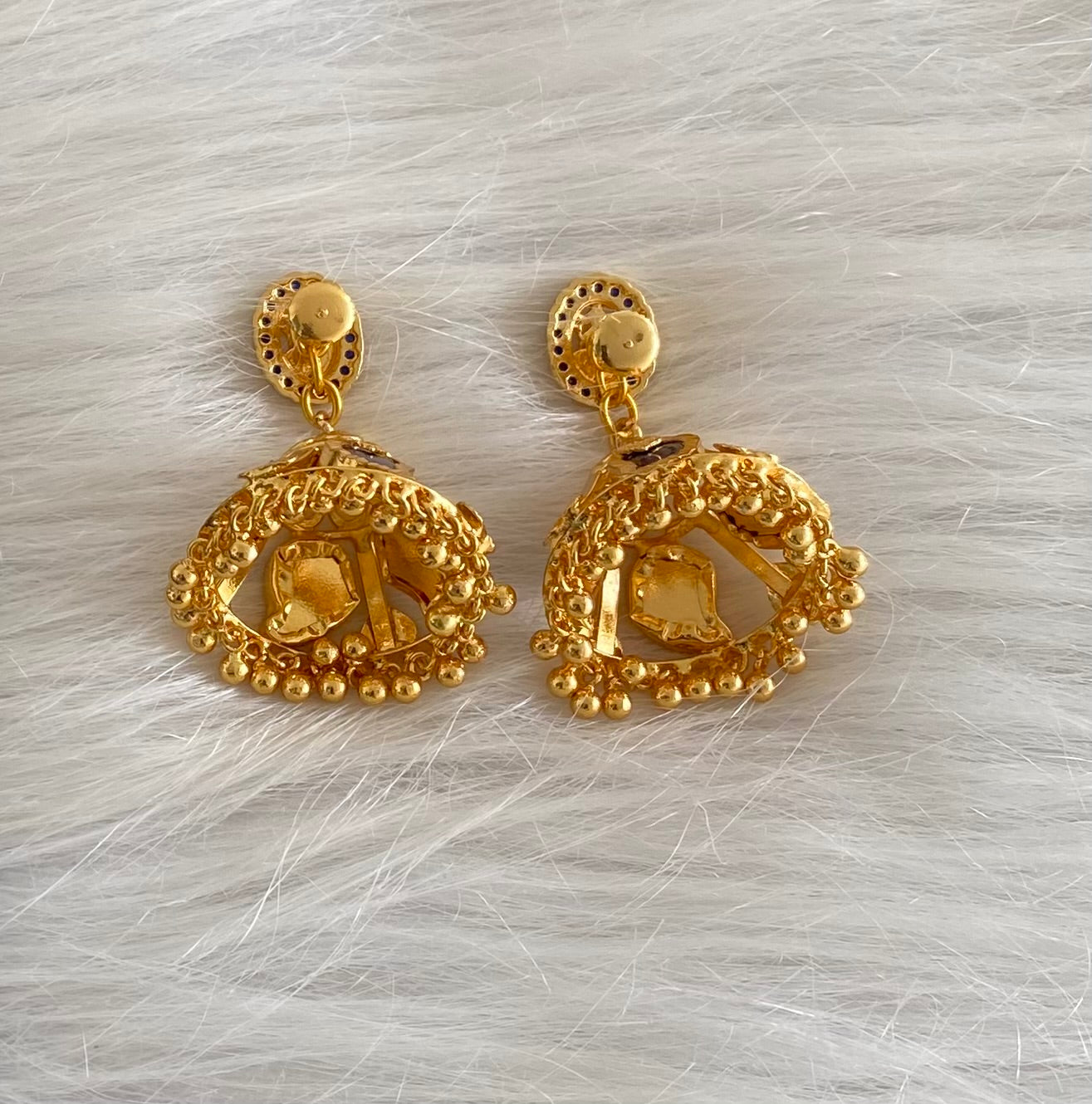 Gold tone kerala style blue mango 4 petal lakshmi jhumkka dj-54316