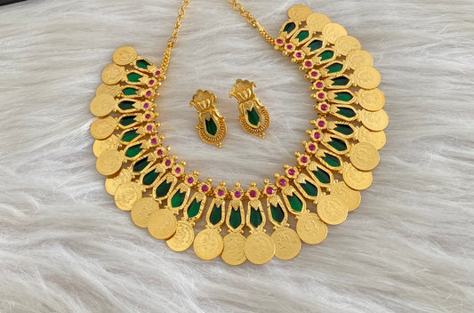 Gold Tone Ruby-green Nagapadam Lakshmi Coin Necklace Set Dj-51121