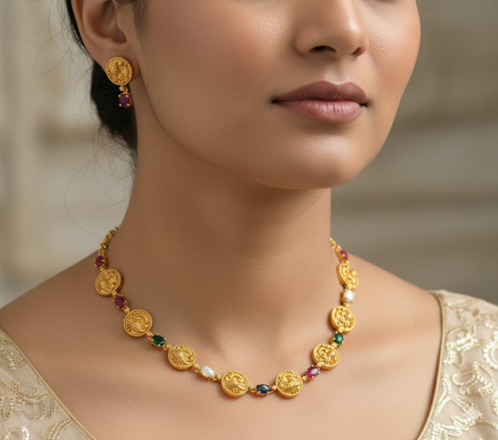 Matte finish navarathna stone peacock necklace set dj-41980