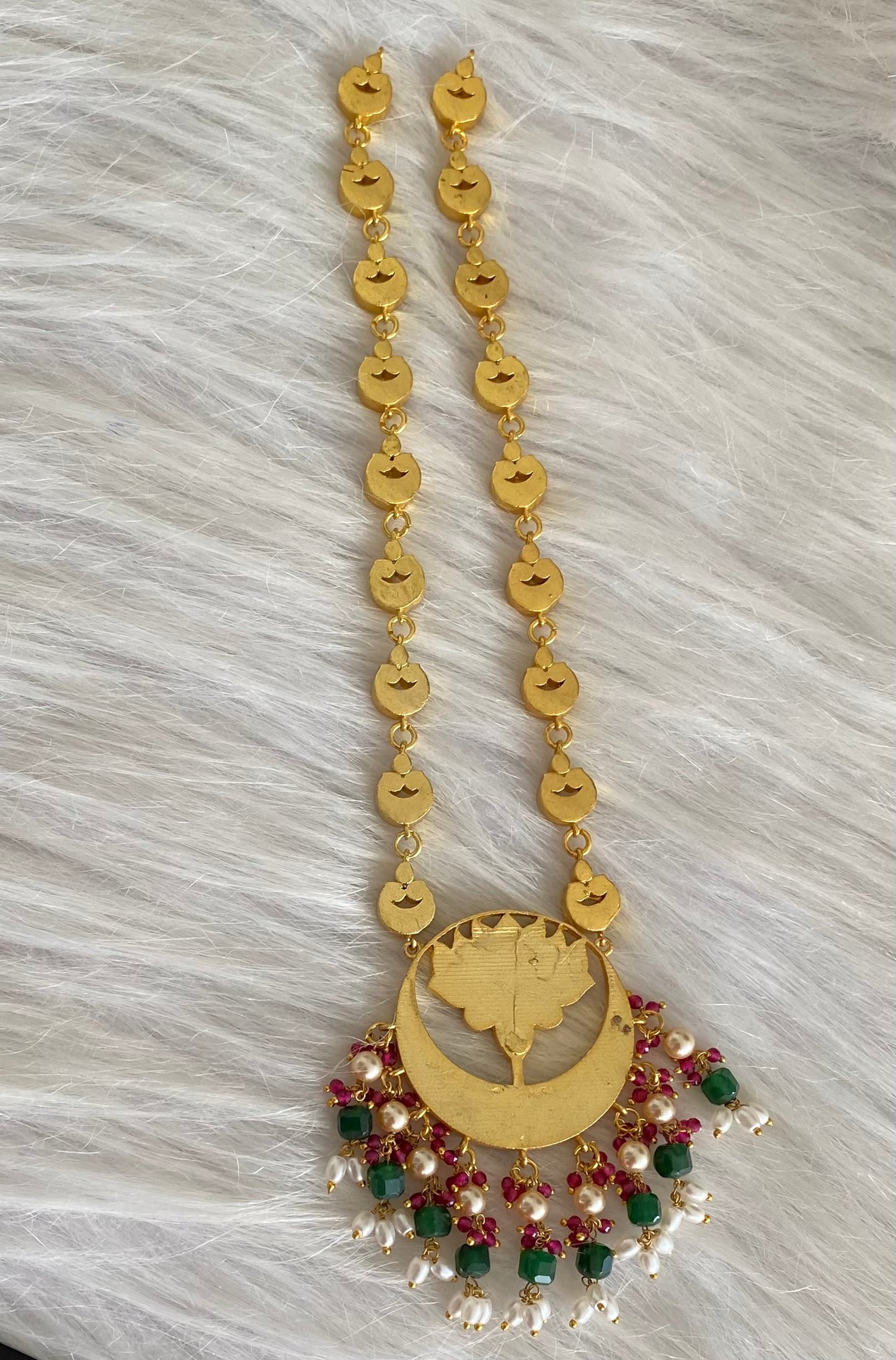 Gold tone kemp-green-white kundan jadau green beaded pearl moon necklace dj-54187