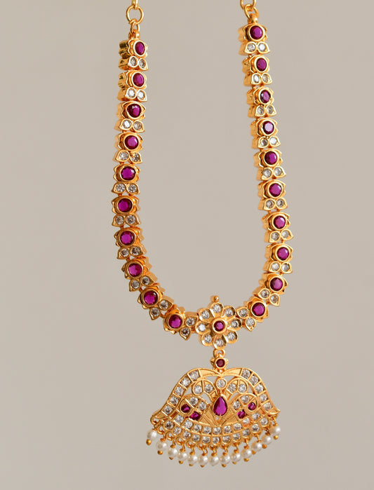 Gold tone AD pink south Indian style necklace set dj-53300