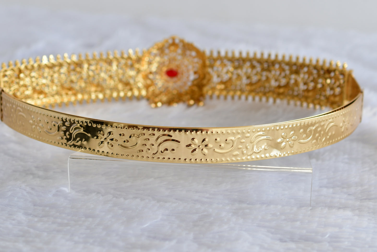Antique gold tone red-white stone peacock waist band dj-52194