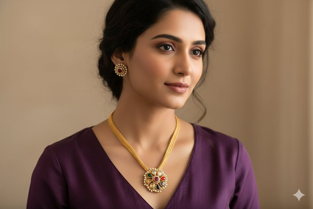 Matte finish cz Navarathna necklace set dj-51831