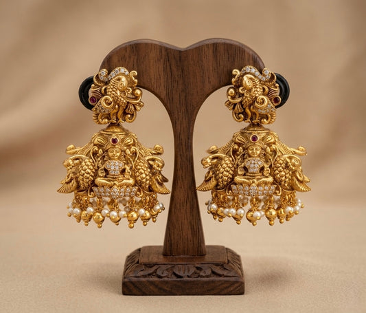 Antique gold tone nakshi peacock lakshmi jhumkka dj-53566