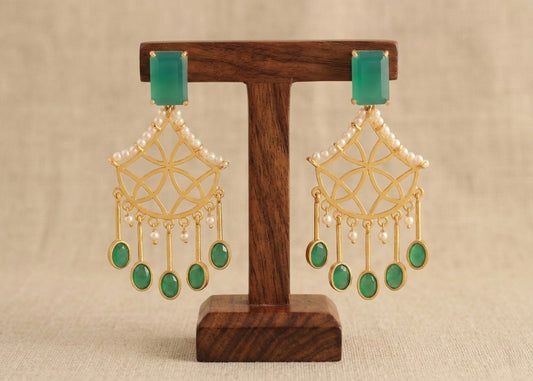 Gold tone Green-Pearl long Earrings-dj11503