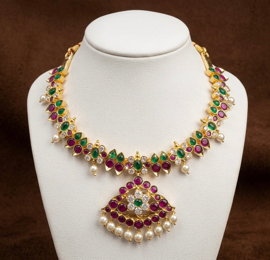 Gold tone precious kemp-green-white pearl necklace dj-53235