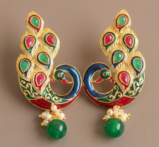 Matte finish red-green peacock earrings -dj07628