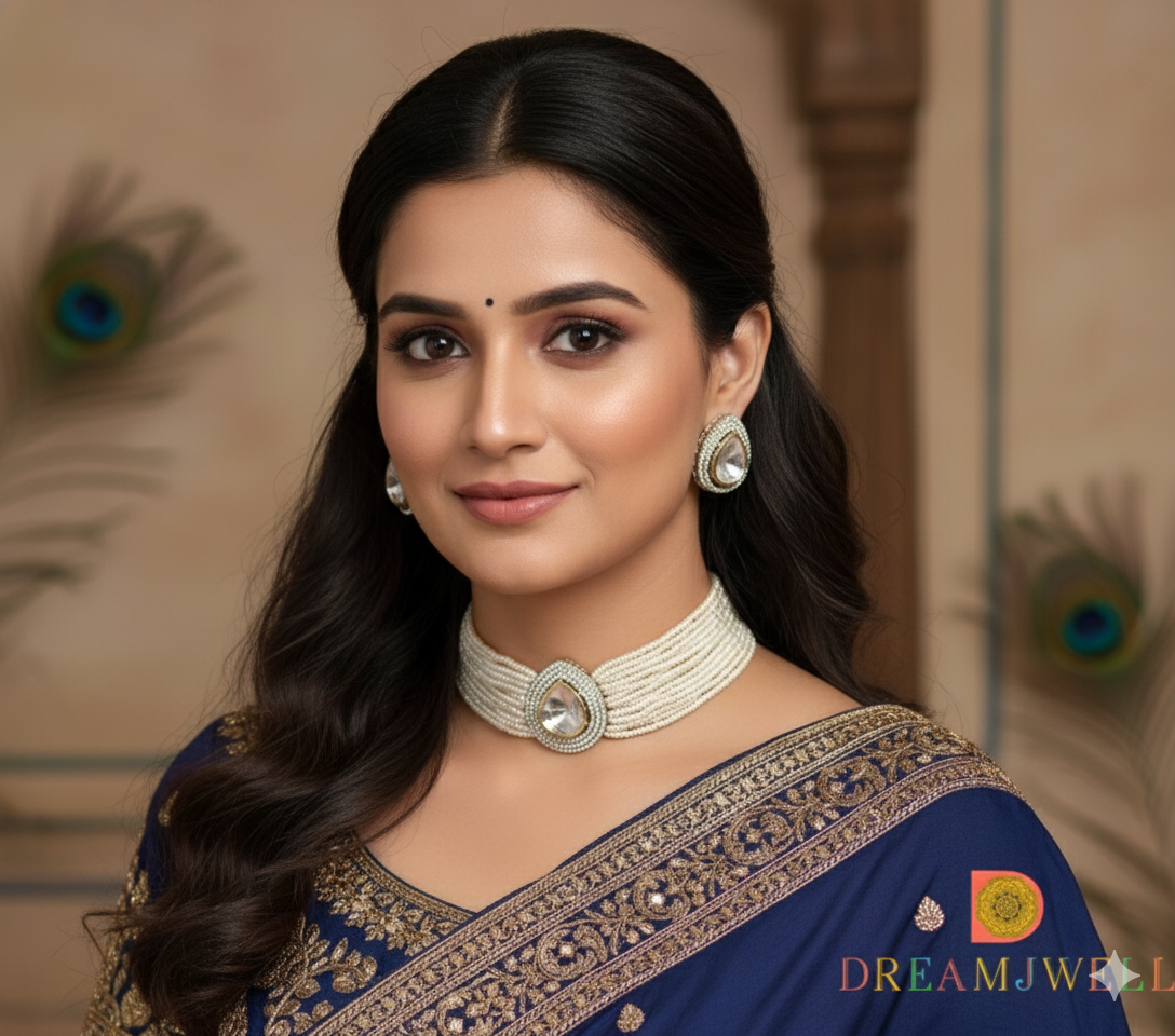 Two tone cz white kundan choker necklace set dj-36896