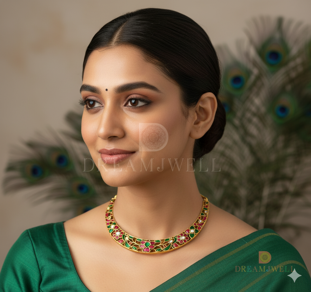 Matte finish pink-green-white kundan jadau Lotus kante necklace dj-36682