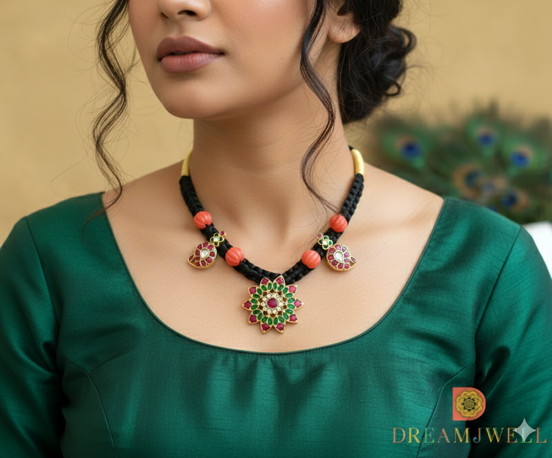 Gold tone pink-green-white kundan jadau flower-mango black silk thread necklace dj-36567