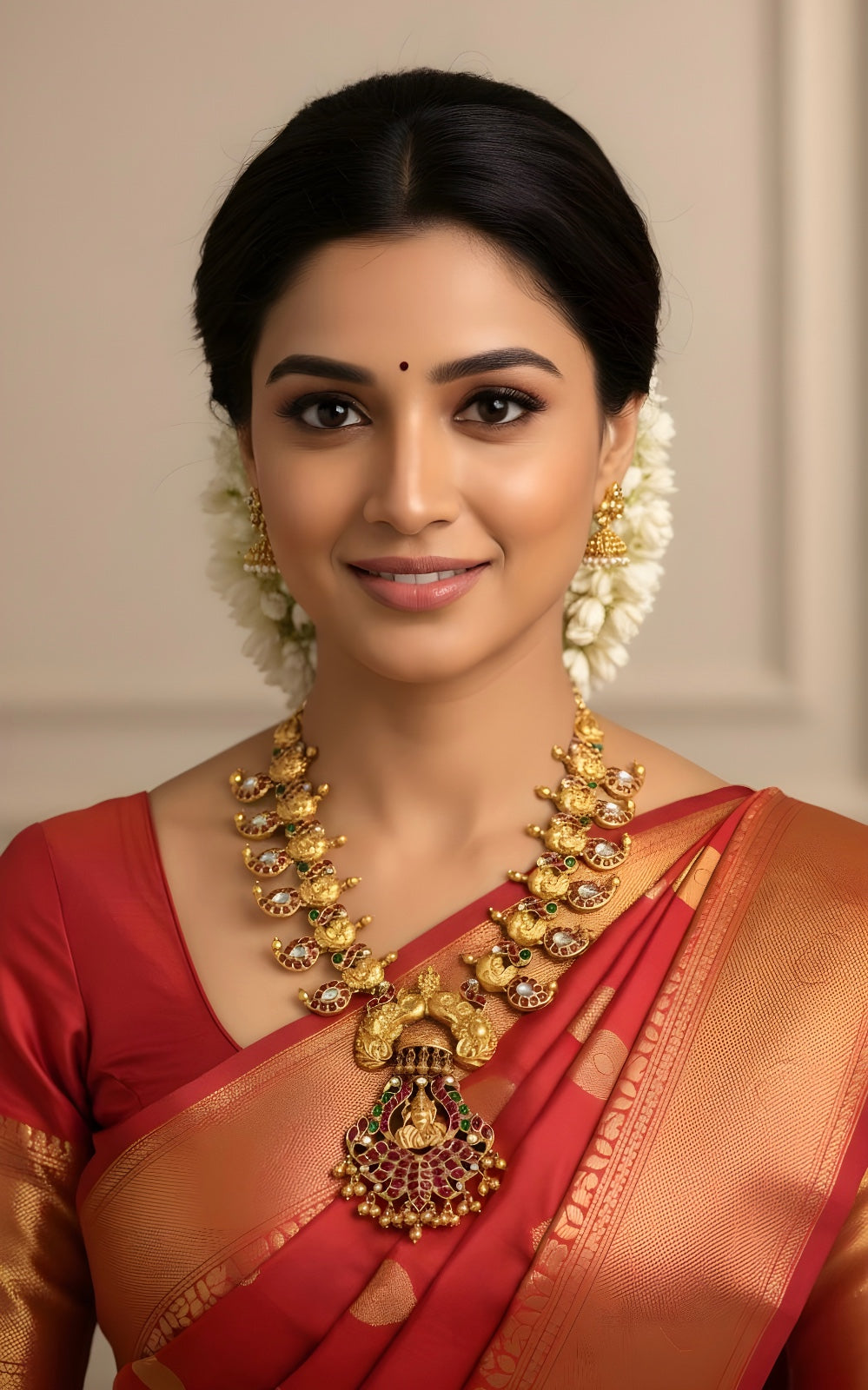 Antique gold tone pink-green kundan jadau Lakshmi-mango short haar set dj-35912