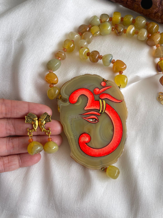 Antique Yellow-Orange Onyx beaded “Om” Hand painted agate pendant necklace set dj-42557